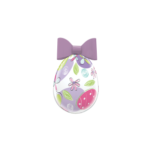 A photograph of a decorative Easter Egg with a Purple Bow on the top and colourful drawings as part of the design. 