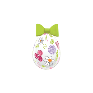 A photograph of a decorative Easter Egg with a Green Bow on the top and colourful drawings as part of the design. 