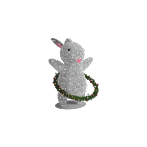 A photograph of our very own Easter Bunny display product. The bunny has a green garland hoop wrapped around its wasist filled with twinkling lights and babubles to simulate easter eggs. 